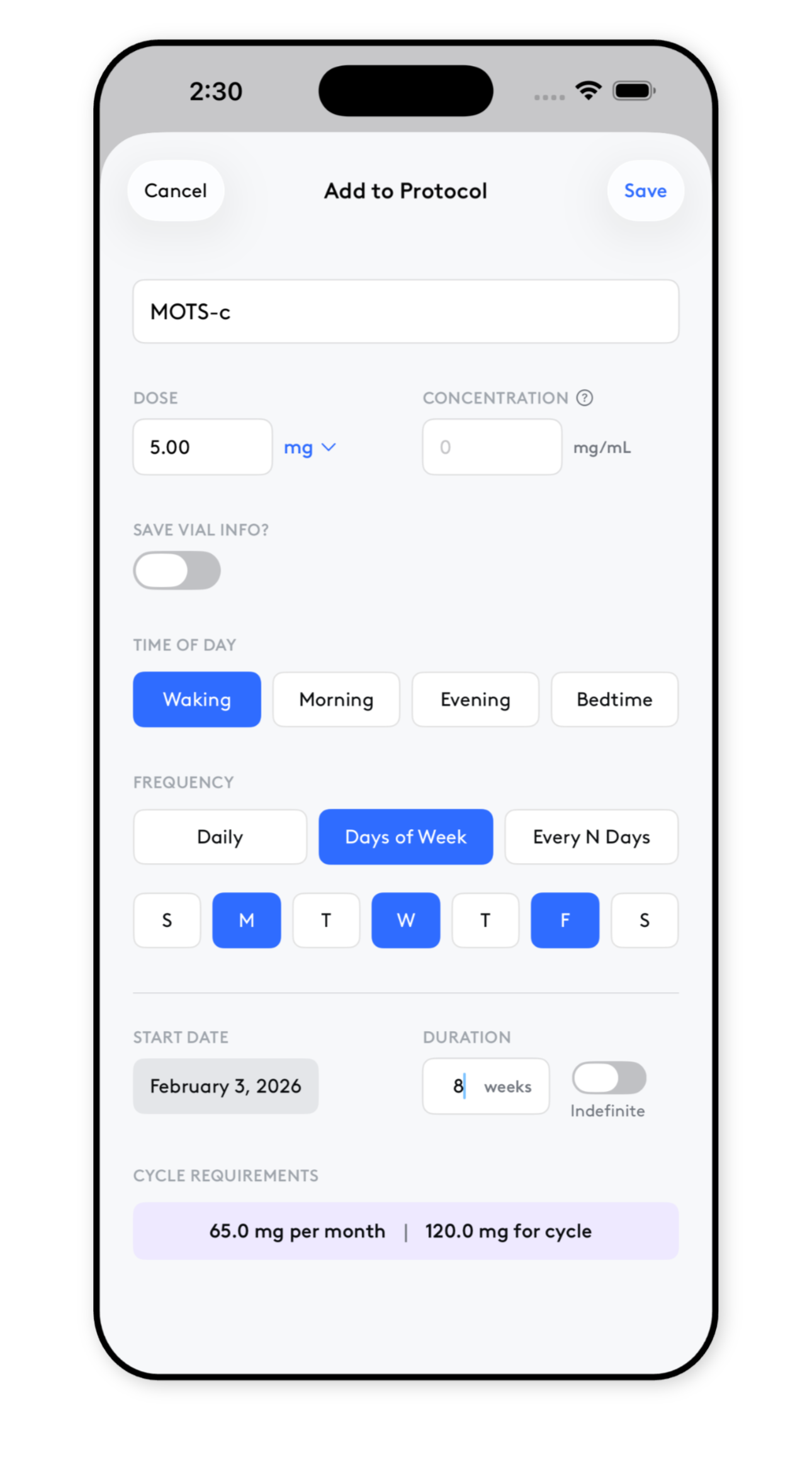 PeptideFox protocol builder screen